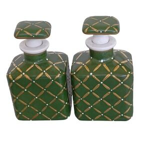Limoges France for Saks Fifth Avenue Green Gold Hand Painted Porcelain Decanters